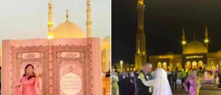 أقيم في الساحة الخارجية لمسجد الفتاح العليم.. عقد قران بالعاصمة الإدارية المصرية يثير جدلاً واسعاً